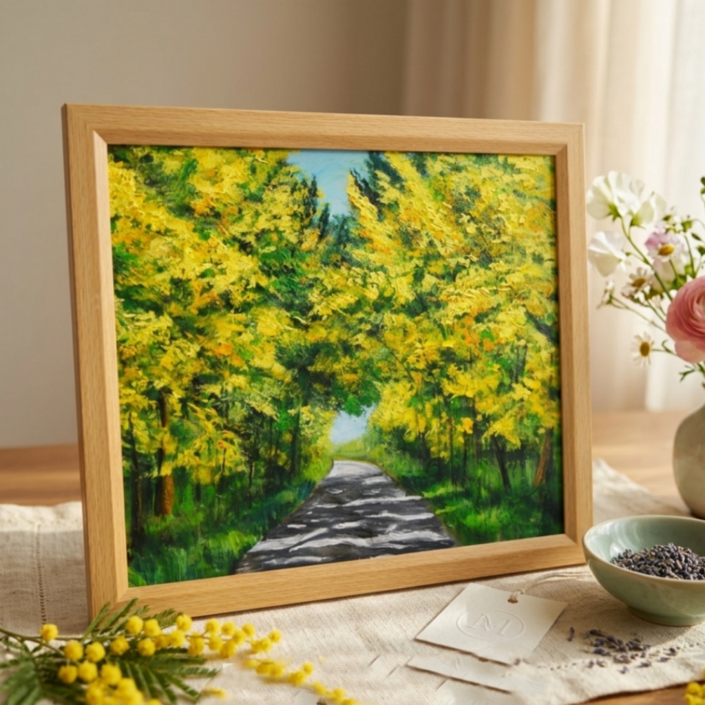 【一点物】【原画】幸せを運ぶミモザ並木:光のトンネルを抜けて(油彩画)(額装済)