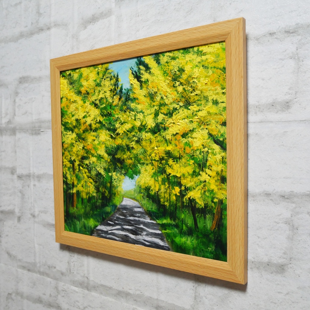 【一点物】【原画】幸せを運ぶミモザ並木:光のトンネルを抜けて(油彩画)(額装済)