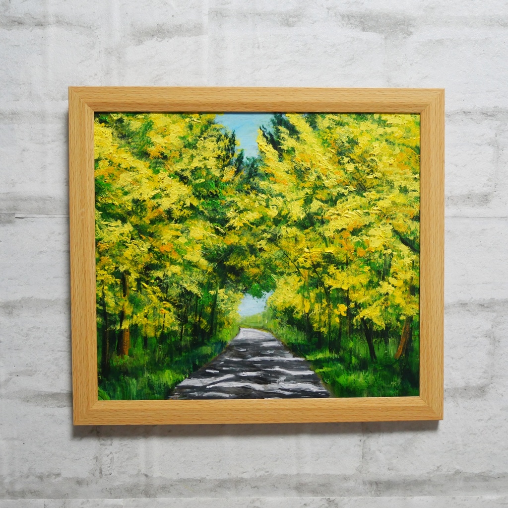 【一点物】【原画】幸せを運ぶミモザ並木:光のトンネルを抜けて(油彩画)(額装済)