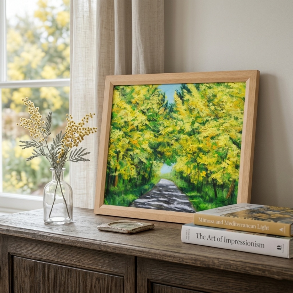 【一点物】【原画】幸せを運ぶミモザ並木:光のトンネルを抜けて(油彩画)(額装済)