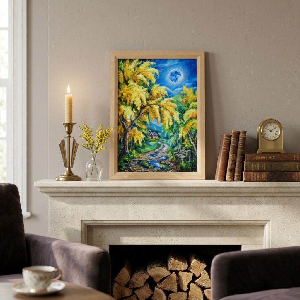 【原画】ミモザの輝きが部屋に灯る。油彩画「静寂を照らすミモザの森」一点もの インテリアアート 油絵 絵画 ミモザ 黄色 風水 癒し インテリア