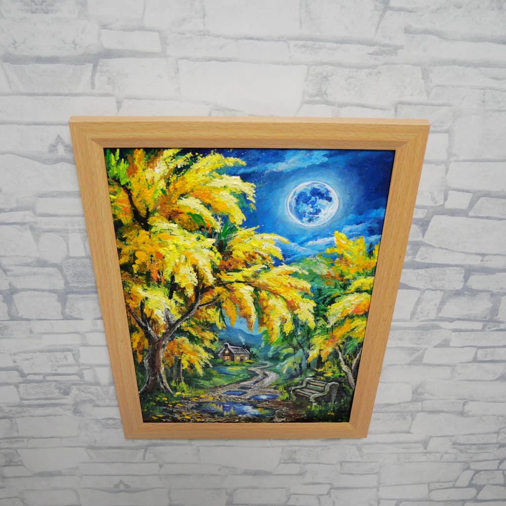 【原画】ミモザの輝きが部屋に灯る。油彩画「静寂を照らすミモザの森」一点もの インテリアアート 油絵 絵画 ミモザ 黄色 風水 癒し インテリア