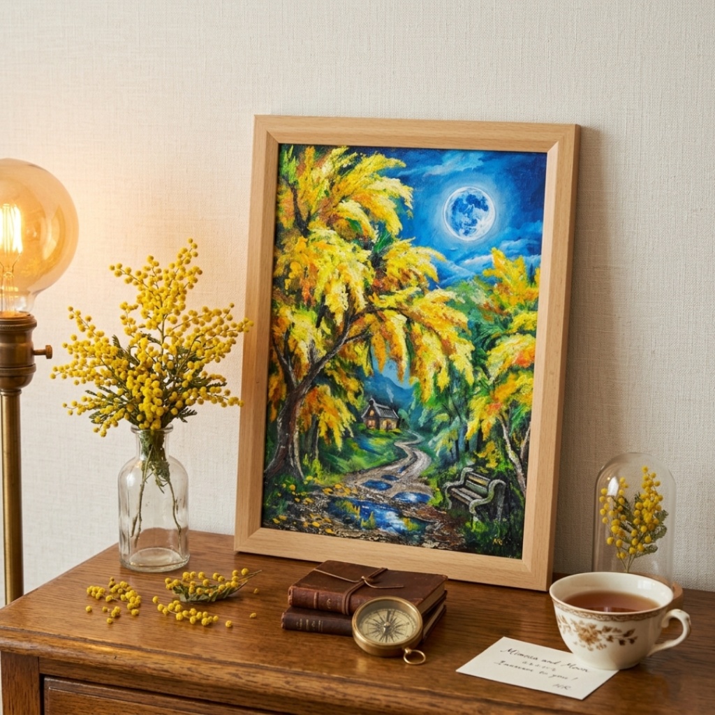 【原画】ミモザの輝きが部屋に灯る。油彩画「静寂を照らすミモザの森」一点もの インテリアアート 油絵 絵画 ミモザ 黄色 風水 癒し インテリア