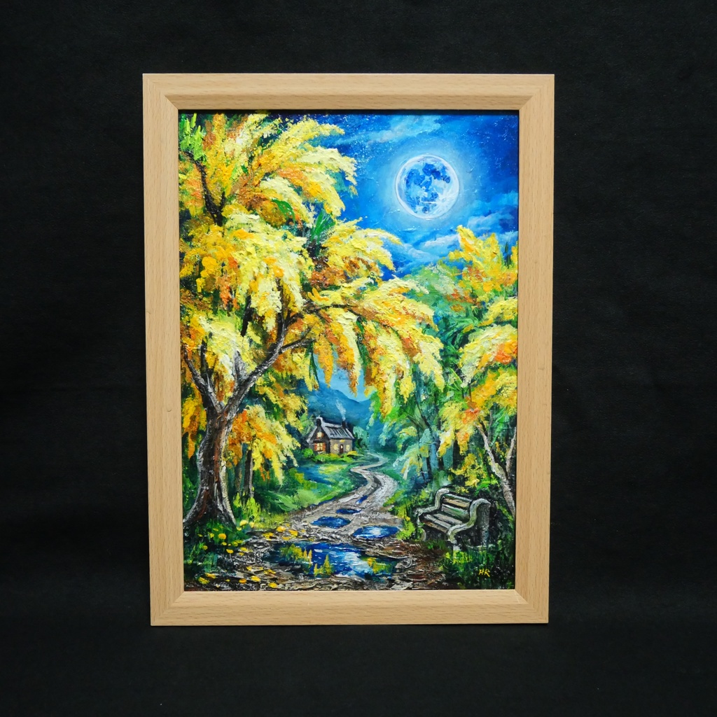 【原画】ミモザの輝きが部屋に灯る。油彩画「静寂を照らすミモザの森」一点もの インテリアアート 油絵 絵画 ミモザ 黄色 風水 癒し インテリア