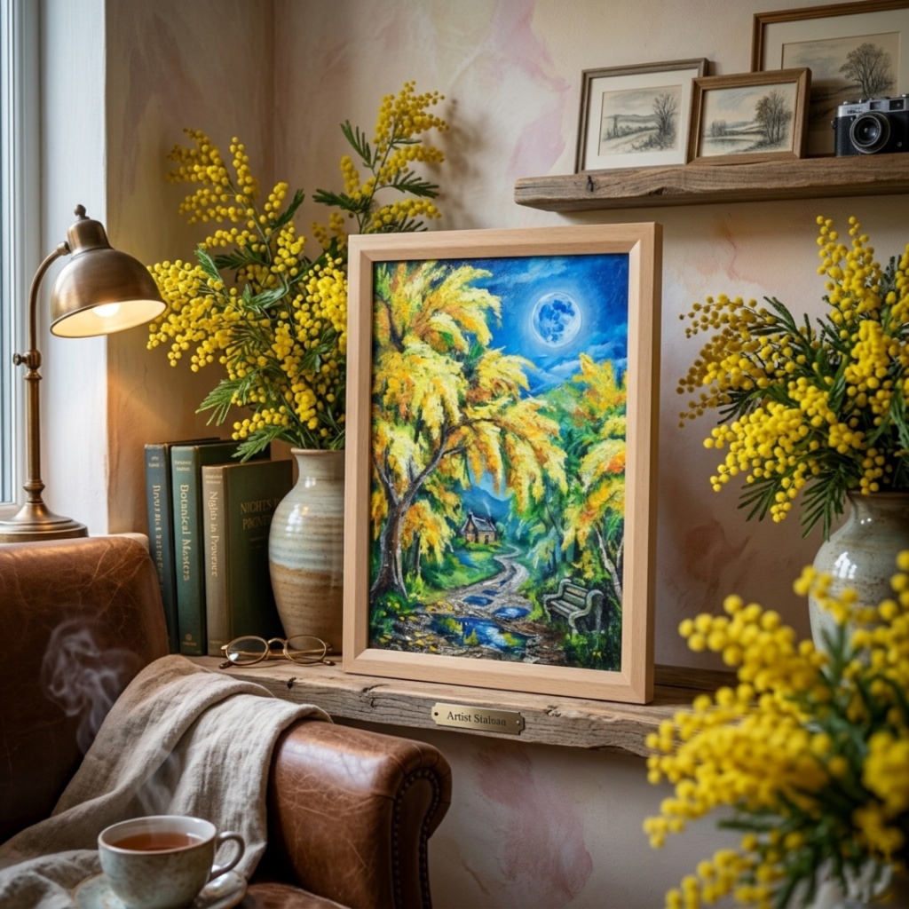 【原画】ミモザの輝きが部屋に灯る。油彩画「静寂を照らすミモザの森」一点もの インテリアアート　油絵 絵画 ミモザ 黄色 風水 癒し インテリア