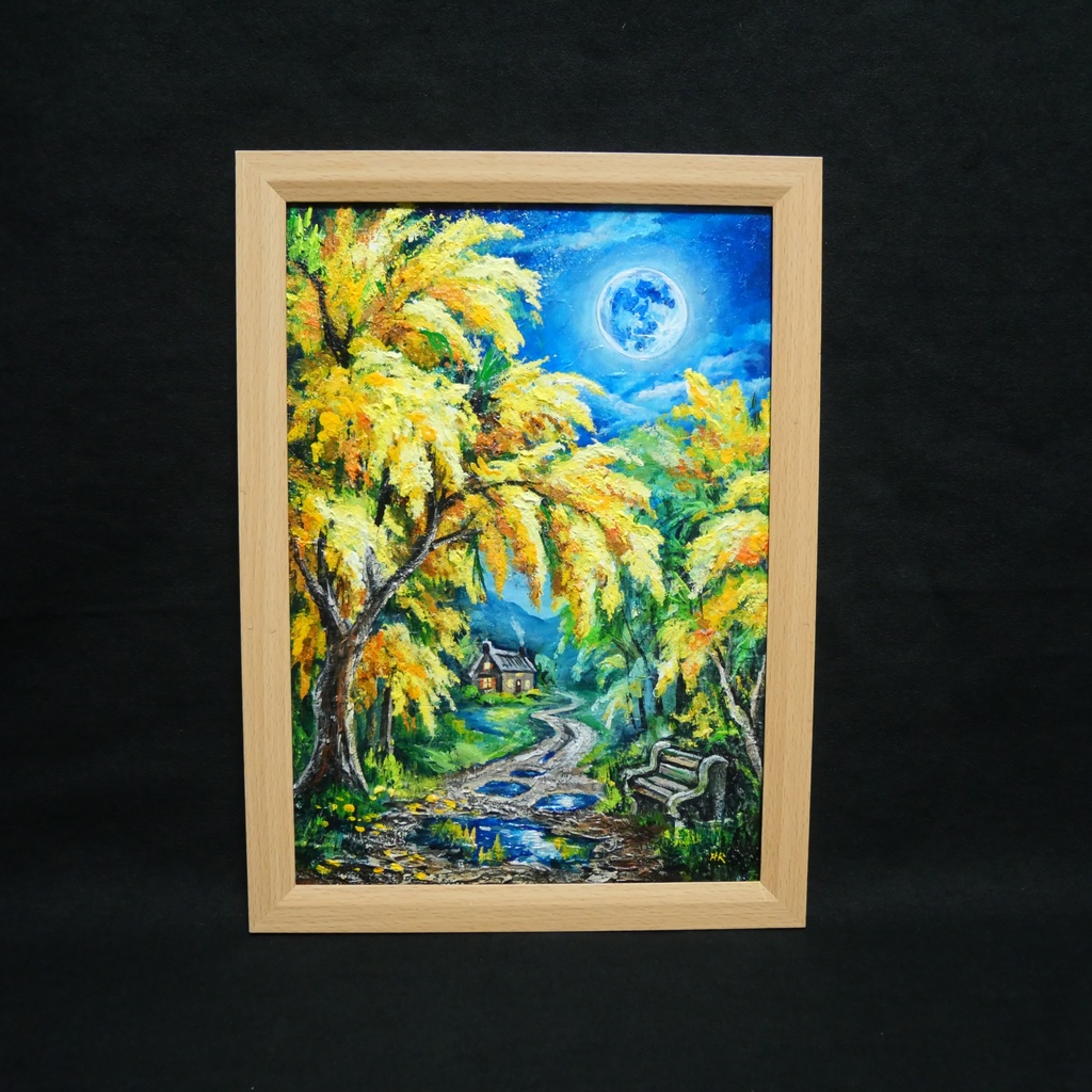 【原画】ミモザの輝きが部屋に灯る。油彩画「静寂を照らすミモザの森」一点もの インテリアアート 油絵 絵画 ミモザ 黄色 風水 癒し インテリア