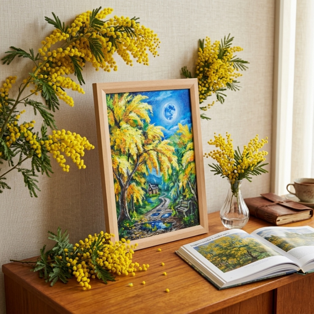 【原画】ミモザの輝きが部屋に灯る。油彩画「静寂を照らすミモザの森」一点もの インテリアアート 油絵 絵画 ミモザ 黄色 風水 癒し インテリア