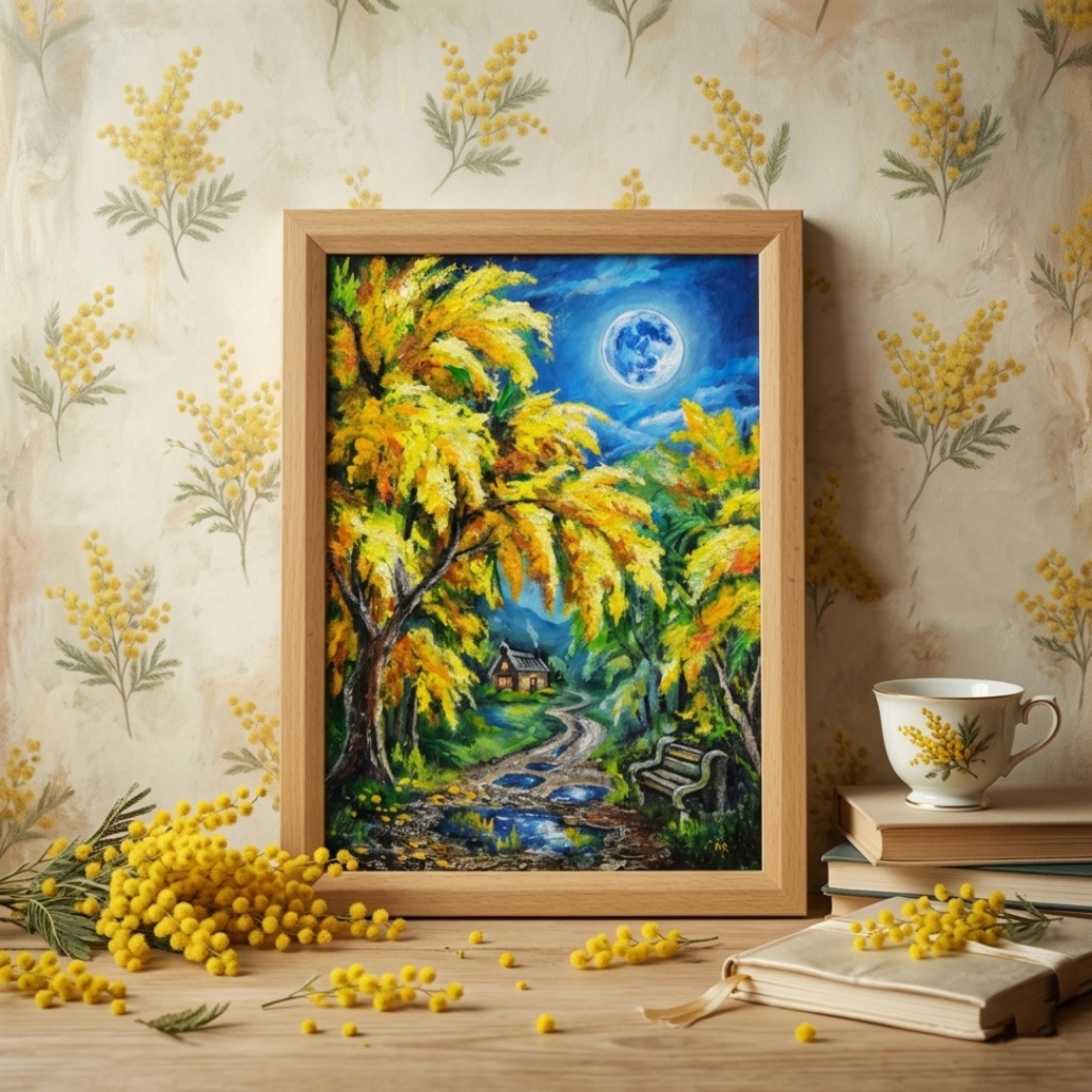 【原画】ミモザの輝きが部屋に灯る。油彩画「静寂を照らすミモザの森」一点もの インテリアアート 油絵 絵画 ミモザ 黄色 風水 癒し インテリア