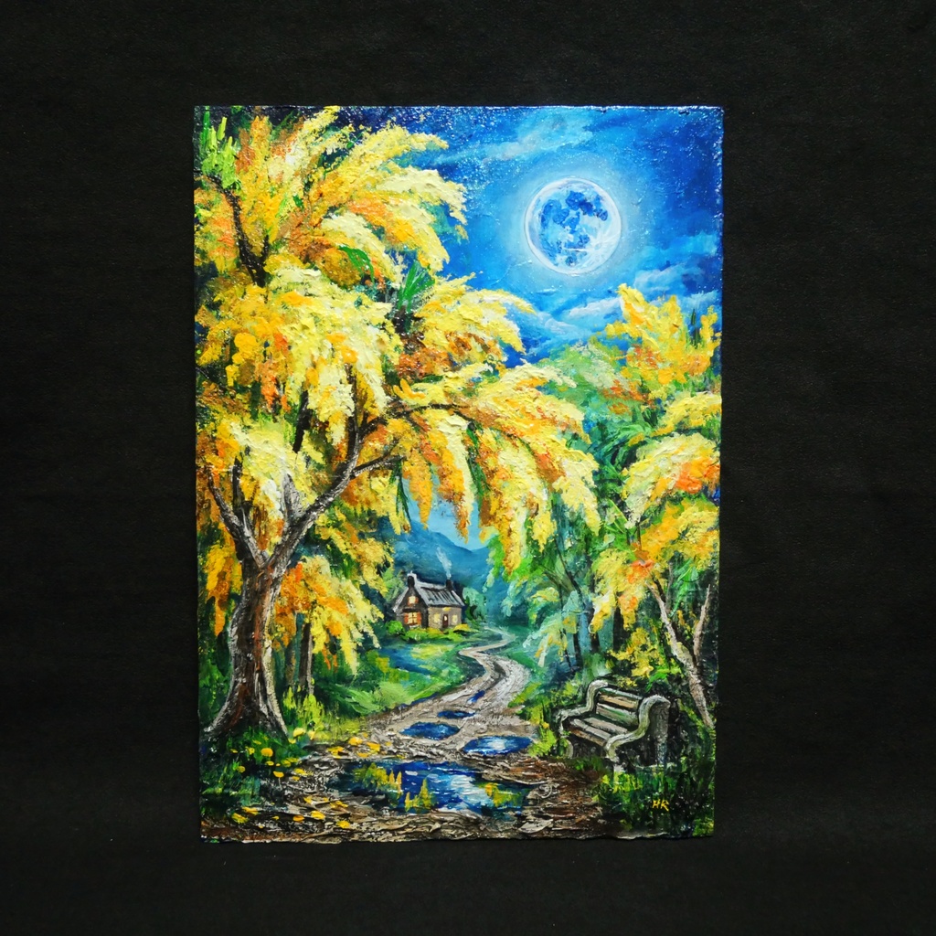 【原画】ミモザの輝きが部屋に灯る。油彩画「静寂を照らすミモザの森」一点もの インテリアアート 油絵 絵画 ミモザ 黄色 風水 癒し インテリア