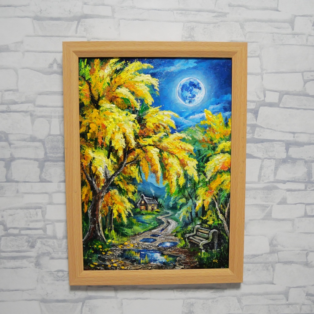 【原画】ミモザの輝きが部屋に灯る。油彩画「静寂を照らすミモザの森」一点もの インテリアアート 油絵 絵画 ミモザ 黄色 風水 癒し インテリア