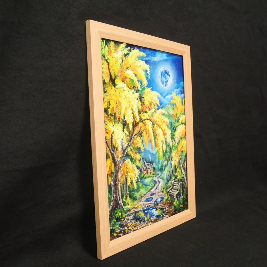 【原画】ミモザの輝きが部屋に灯る。油彩画「静寂を照らすミモザの森」一点もの インテリアアート 油絵 絵画 ミモザ 黄色 風水 癒し インテリア