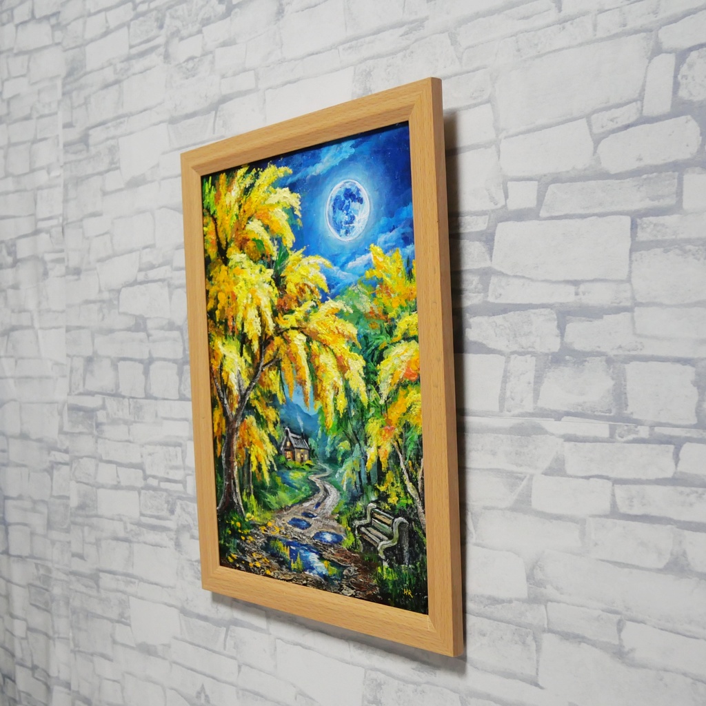 【原画】ミモザの輝きが部屋に灯る。油彩画「静寂を照らすミモザの森」一点もの インテリアアート 油絵 絵画 ミモザ 黄色 風水 癒し インテリア