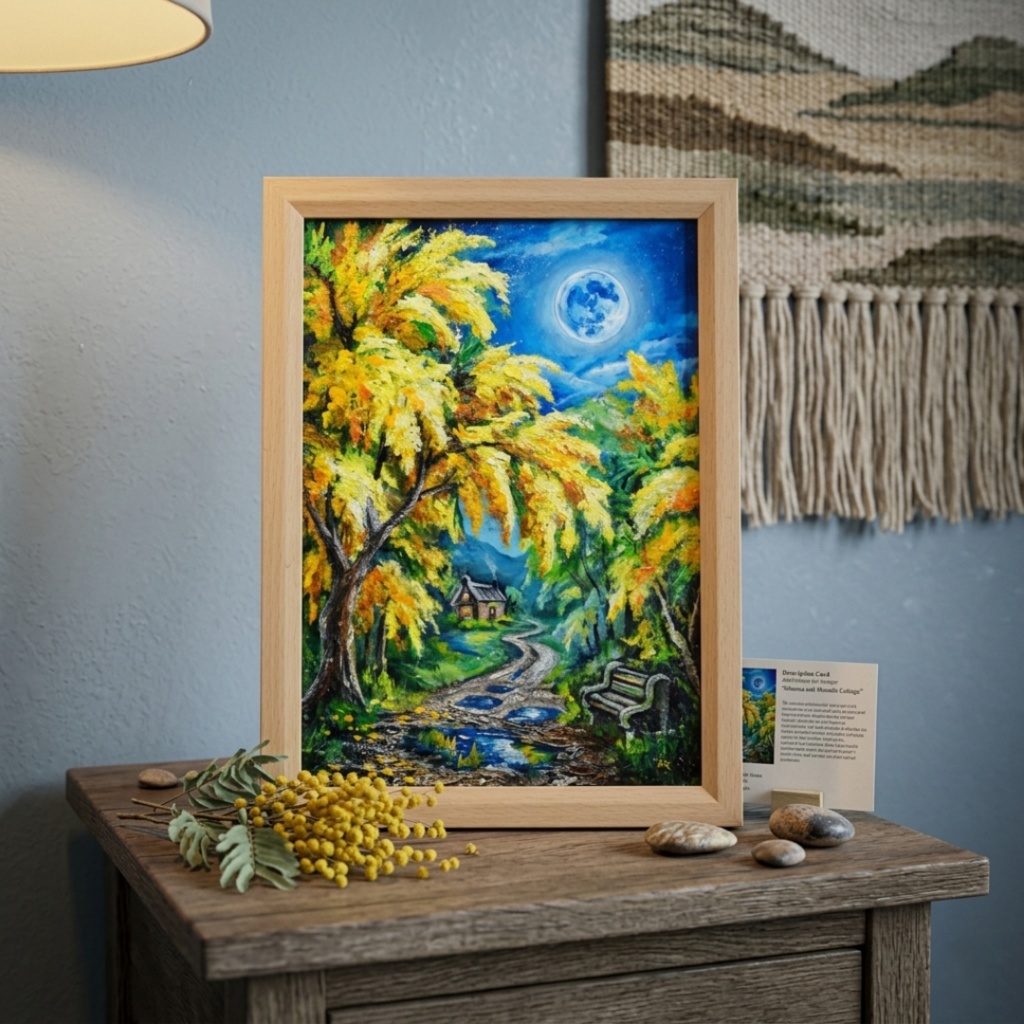 【原画】ミモザの輝きが部屋に灯る。油彩画「静寂を照らすミモザの森」一点もの インテリアアート 油絵 絵画 ミモザ 黄色 風水 癒し インテリア