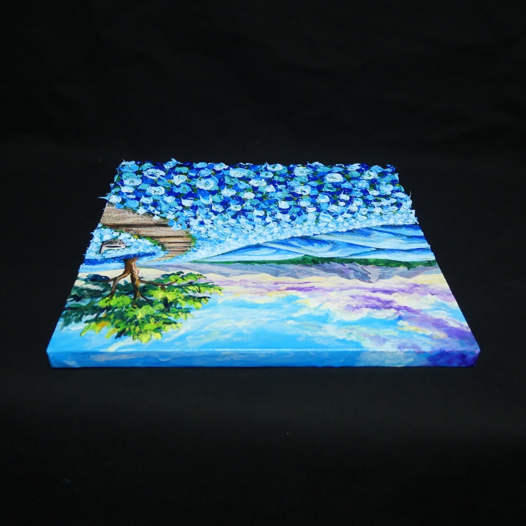 【世界に一枚】青の輝きを描く油彩画「幸せを運ぶ青い丘」北欧風インテリア アートパネル 一点もの 風景画 絵画 インテリア 青 アート