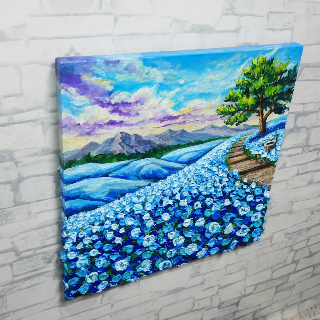 【世界に一枚】青の輝きを描く油彩画「幸せを運ぶ青い丘」北欧風インテリア アートパネル 一点もの 風景画 絵画 インテリア 青 アート