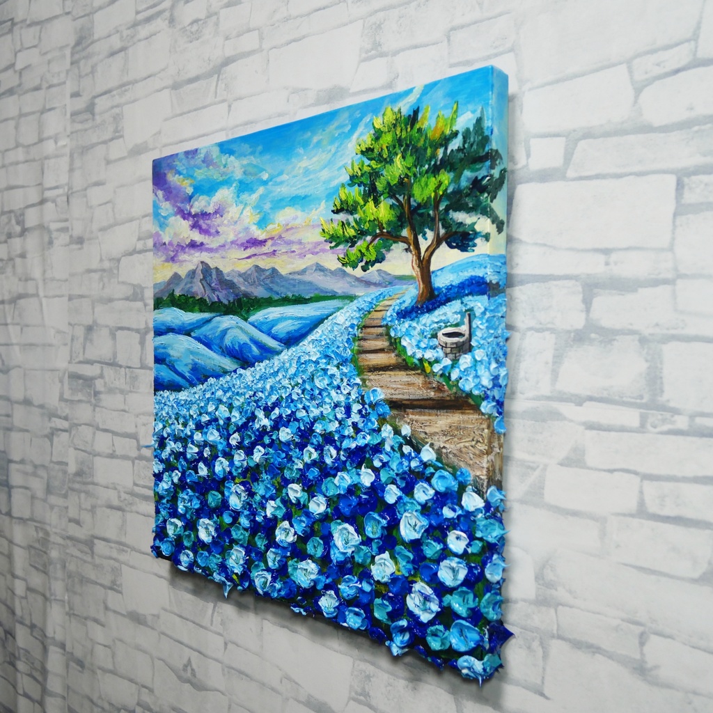 【世界に一枚】青の輝きを描く油彩画「幸せを運ぶ青い丘」北欧風インテリア アートパネル 一点もの 風景画 絵画 インテリア 青 アート