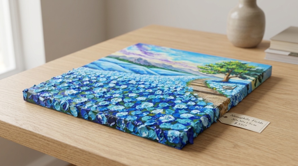 【世界に一枚】青の輝きを描く油彩画「幸せを運ぶ青い丘」北欧風インテリア アートパネル 一点もの 風景画 絵画 インテリア 青 アート