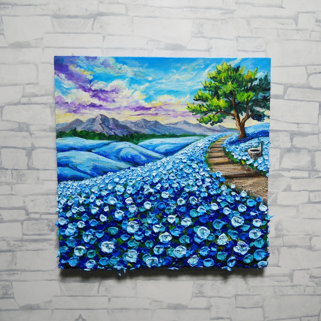 【世界に一枚】青の輝きを描く油彩画「幸せを運ぶ青い丘」北欧風インテリア アートパネル 一点もの 風景画 絵画 インテリア 青 アート