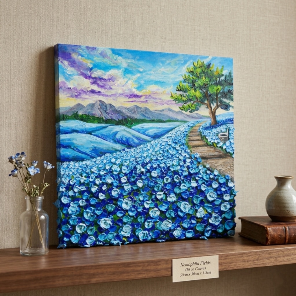 【世界に一枚】青の輝きを描く油彩画「幸せを運ぶ青い丘」北欧風インテリア アートパネル 一点もの 風景画 絵画 インテリア 青 アート