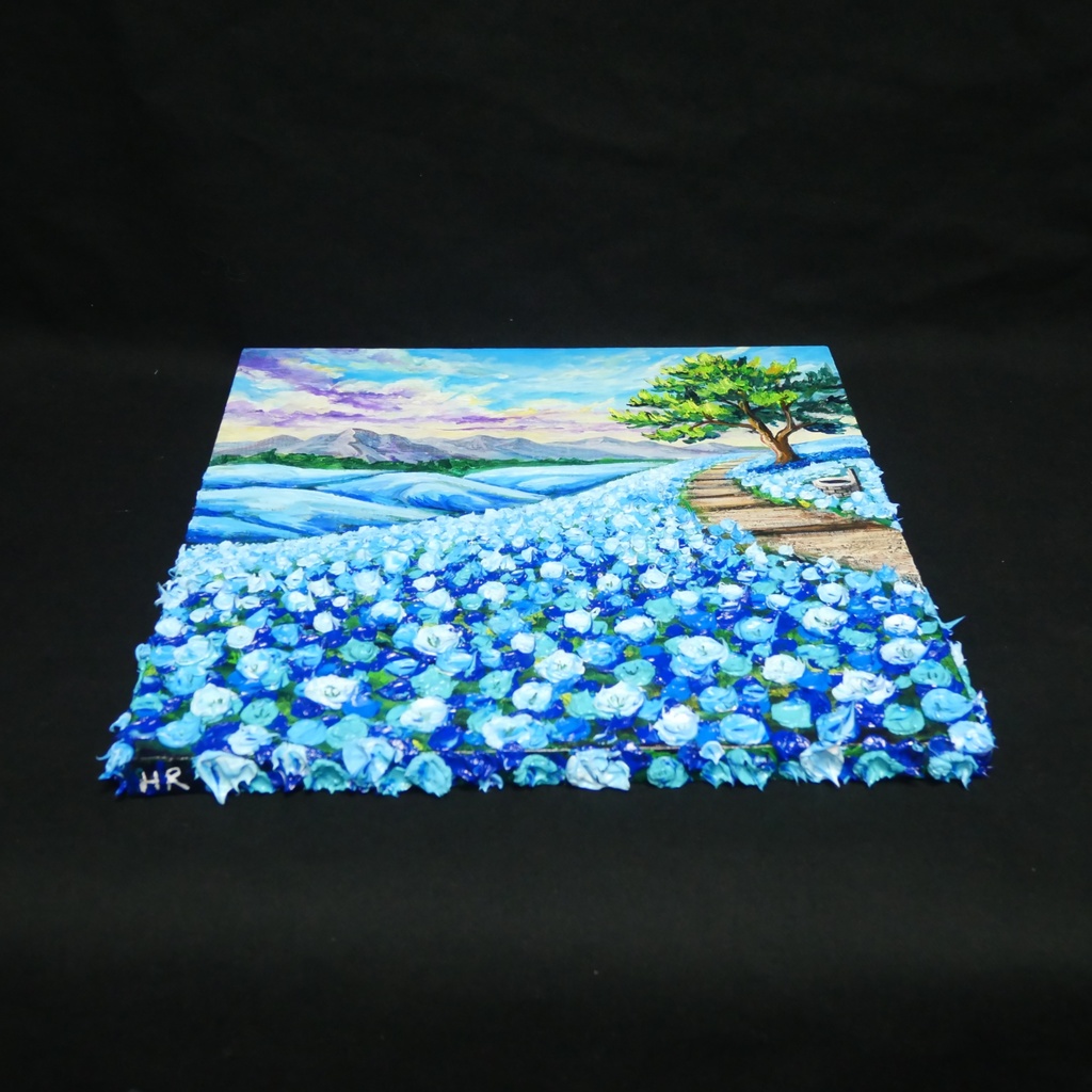 【世界に一枚】青の輝きを描く油彩画「幸せを運ぶ青い丘」北欧風インテリア アートパネル 一点もの 風景画 絵画 インテリア 青 アート