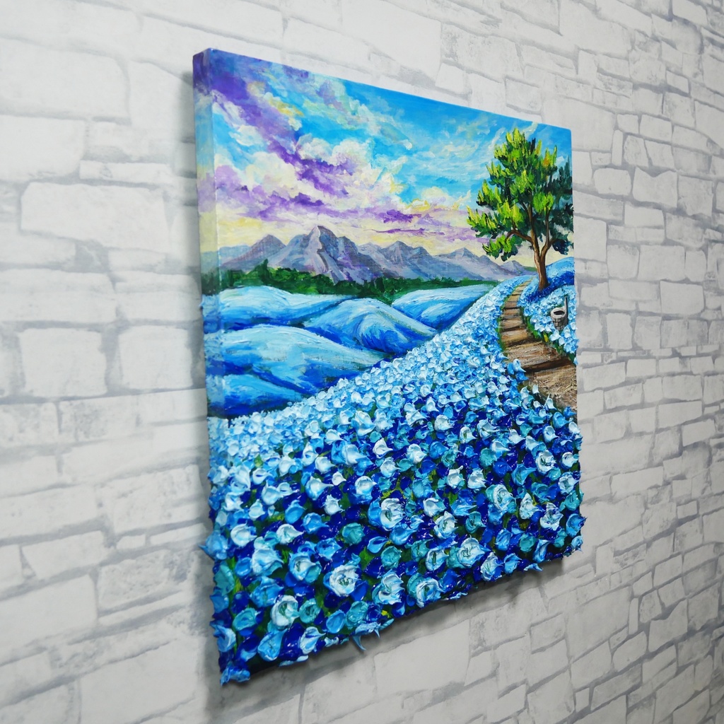 【世界に一枚】青の輝きを描く油彩画「幸せを運ぶ青い丘」北欧風インテリア アートパネル 一点もの 風景画 絵画 インテリア 青 アート