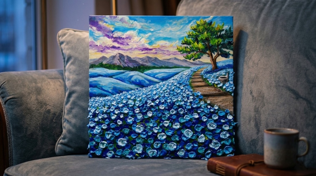 【世界に一枚】青の輝きを描く油彩画「幸せを運ぶ青い丘」北欧風インテリア アートパネル 一点もの 風景画 絵画 インテリア 青 アート