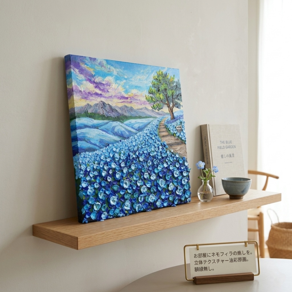 【世界に一枚】青の輝きを描く油彩画「幸せを運ぶ青い丘」北欧風インテリア アートパネル 一点もの 風景画 絵画 インテリア 青 アート