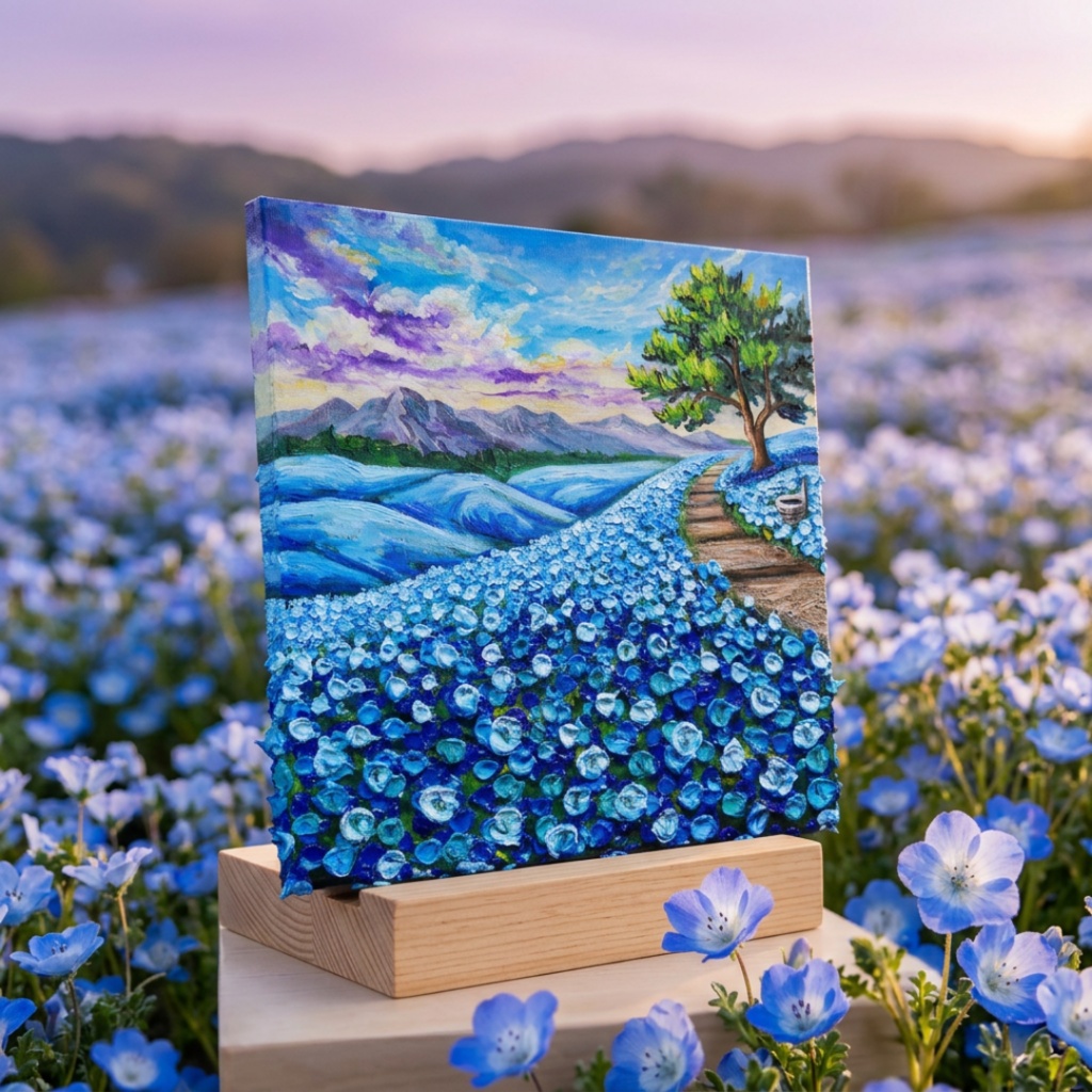 【世界に一枚】青の輝きを描く油彩画「幸せを運ぶ青い丘」北欧風インテリア アートパネル　一点もの 風景画 絵画 インテリア 青 アート