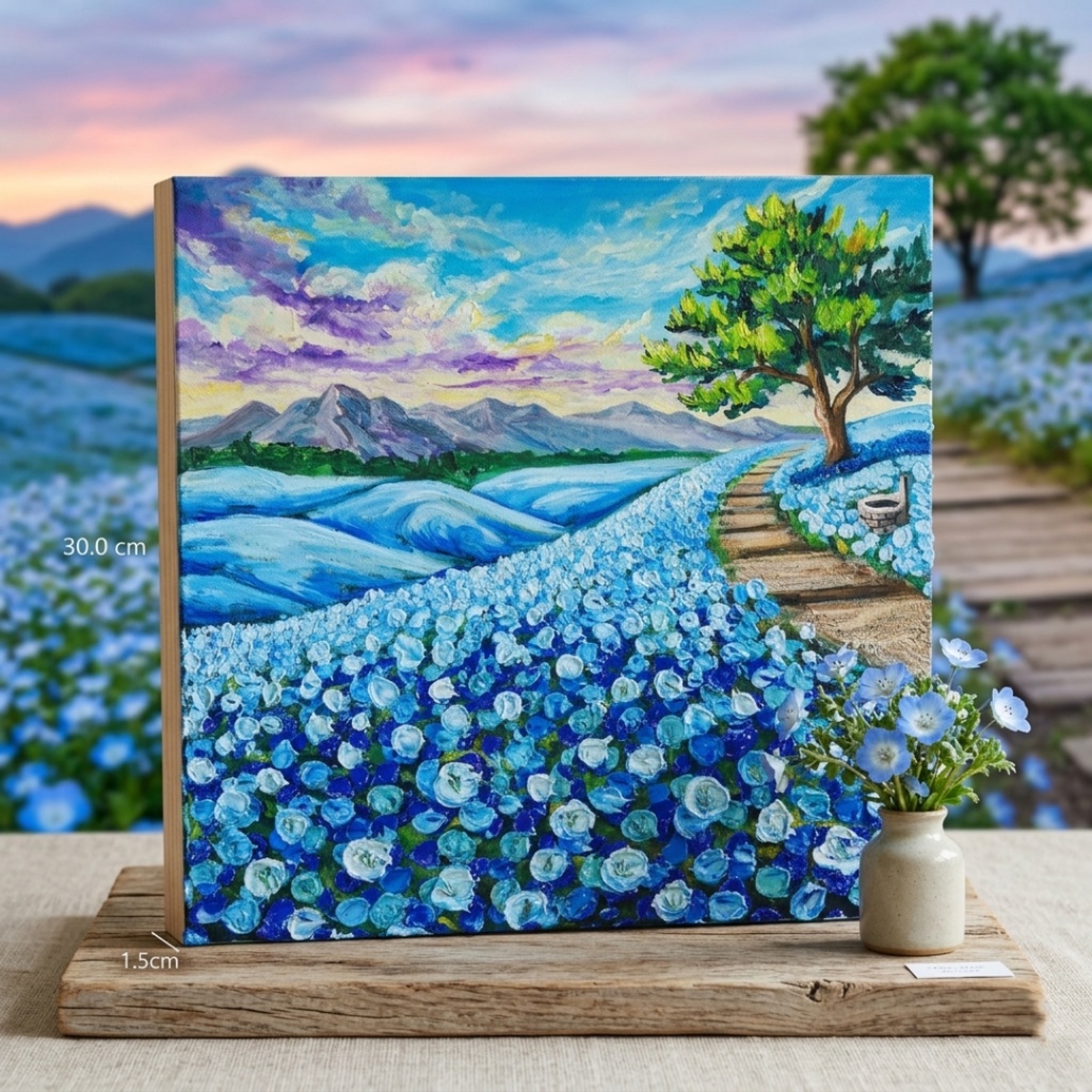 【世界に一枚】青の輝きを描く油彩画「幸せを運ぶ青い丘」北欧風インテリア アートパネル 一点もの 風景画 絵画 インテリア 青 アート