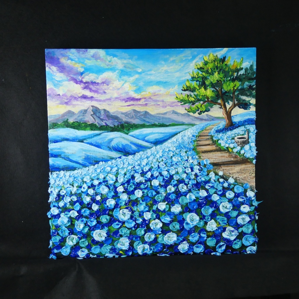 【世界に一枚】青の輝きを描く油彩画「幸せを運ぶ青い丘」北欧風インテリア アートパネル 一点もの 風景画 絵画 インテリア 青 アート