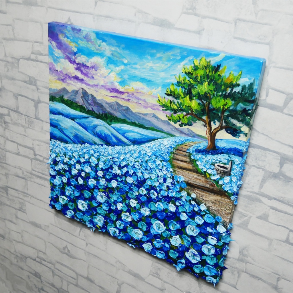 【世界に一枚】青の輝きを描く油彩画「幸せを運ぶ青い丘」北欧風インテリア アートパネル 一点もの 風景画 絵画 インテリア 青 アート