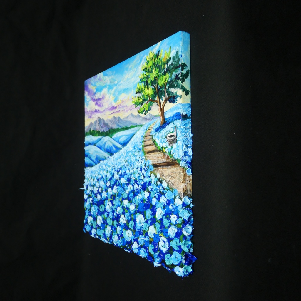 【世界に一枚】青の輝きを描く油彩画「幸せを運ぶ青い丘」北欧風インテリア アートパネル 一点もの 風景画 絵画 インテリア 青 アート