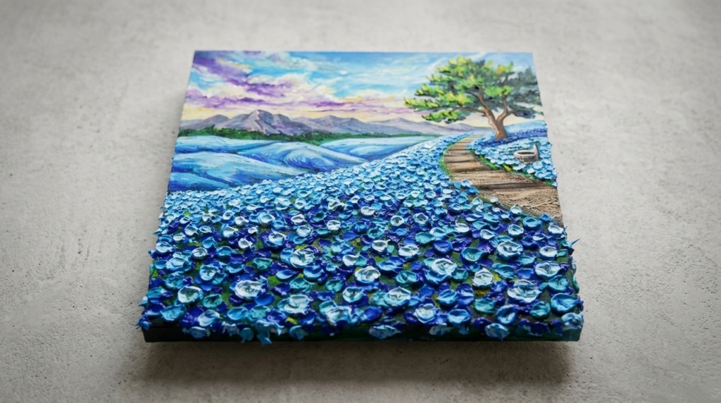 【世界に一枚】青の輝きを描く油彩画「幸せを運ぶ青い丘」北欧風インテリア アートパネル 一点もの 風景画 絵画 インテリア 青 アート