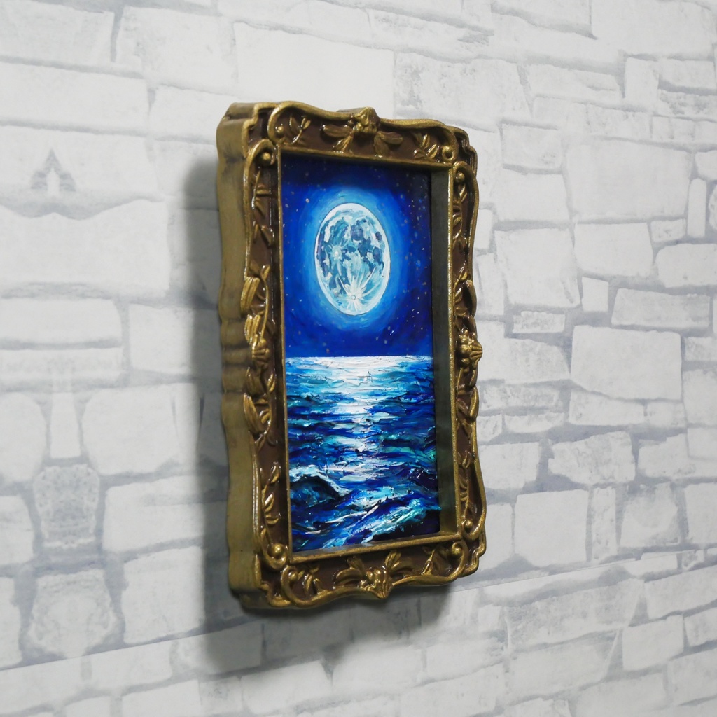 油絵 原画『海を照らす蒼き満月』ミニ絵画 | 月 夜空 風景画 インテリア アート