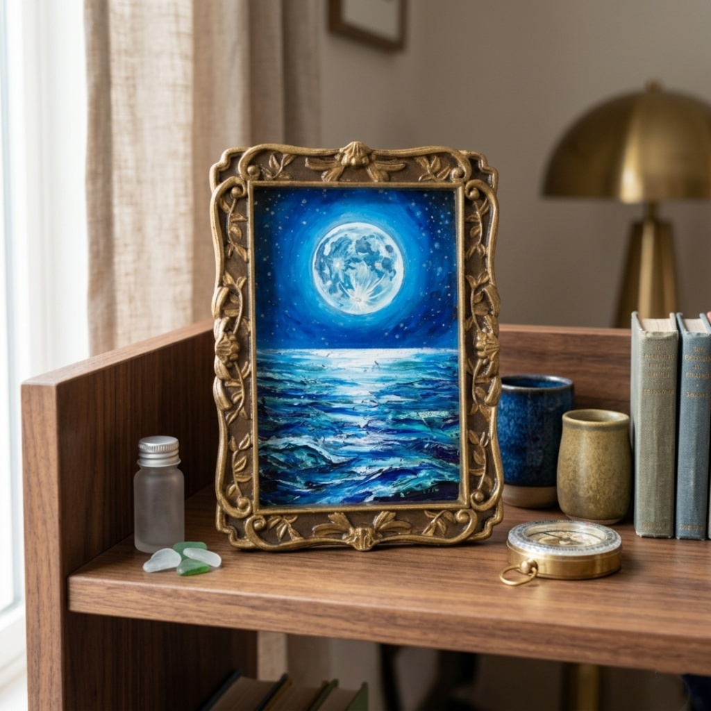 油絵 原画『海を照らす蒼き満月』ミニ絵画 | 月 夜空 風景画 インテリア アート