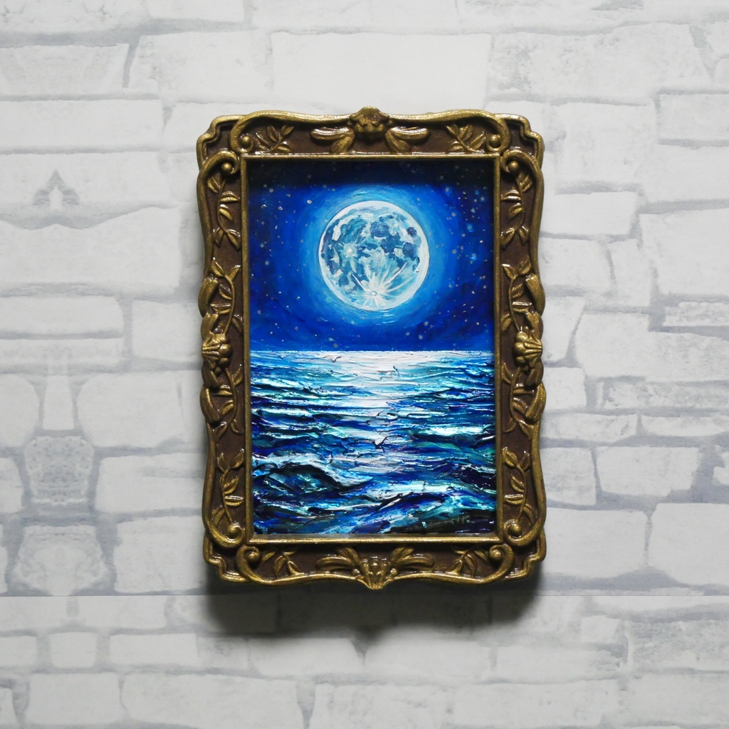 油絵 原画『海を照らす蒼き満月』ミニ絵画 | 月 夜空 風景画 インテリア アート
