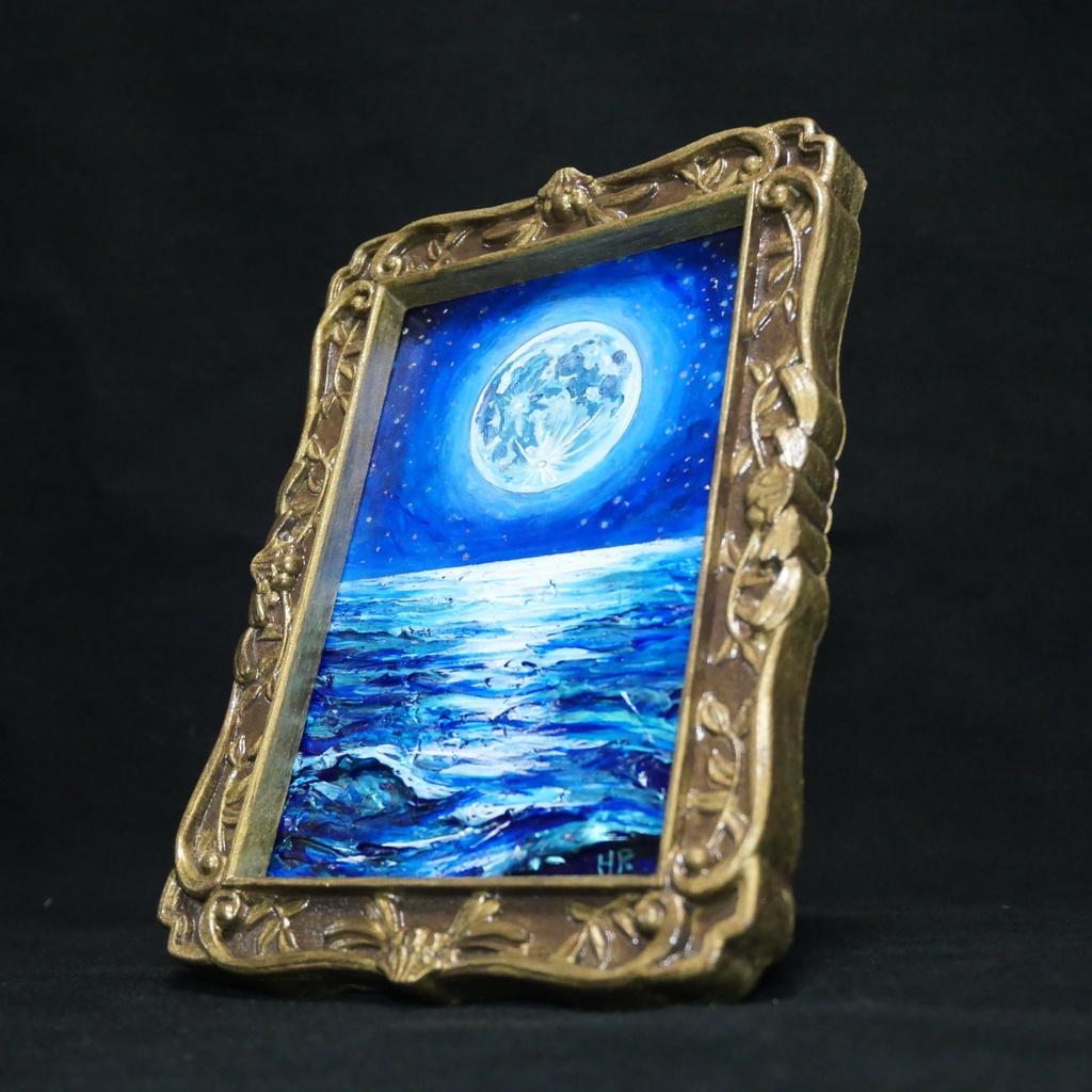 油絵 原画『海を照らす蒼き満月』ミニ絵画 | 月 夜空 風景画 インテリア アート
