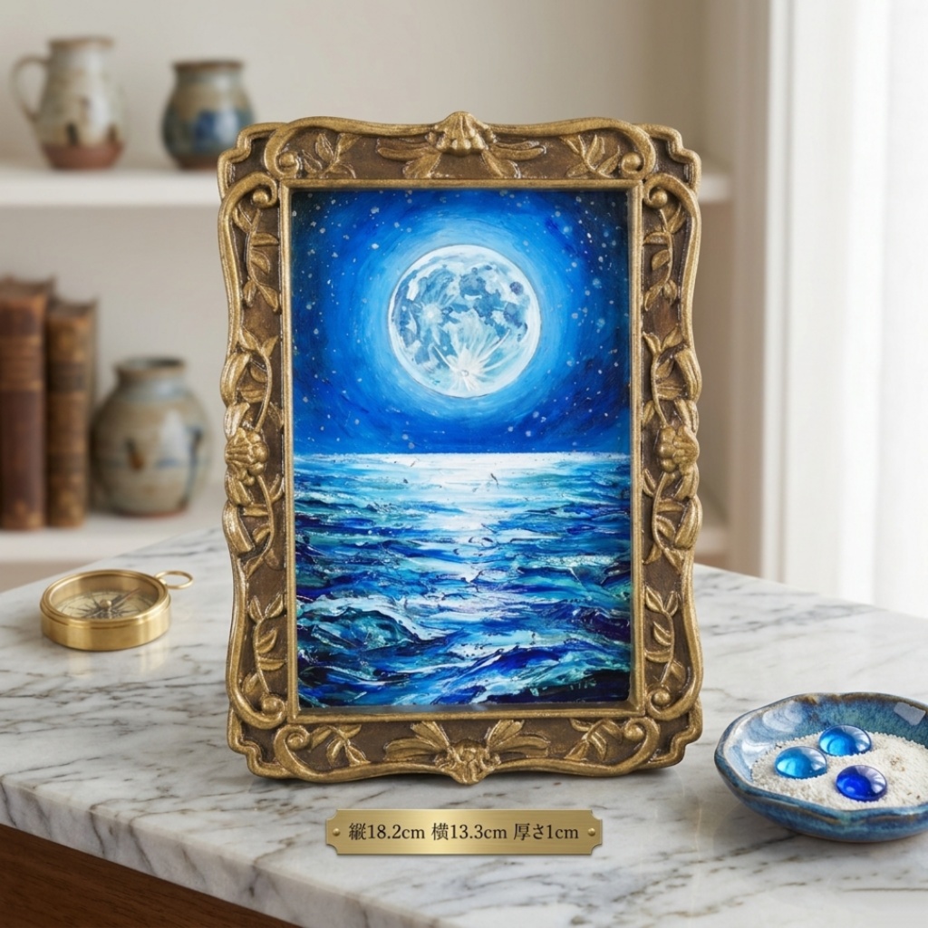 油絵 原画『海を照らす蒼き満月』ミニ絵画 | 月 夜空 風景画 インテリア アート