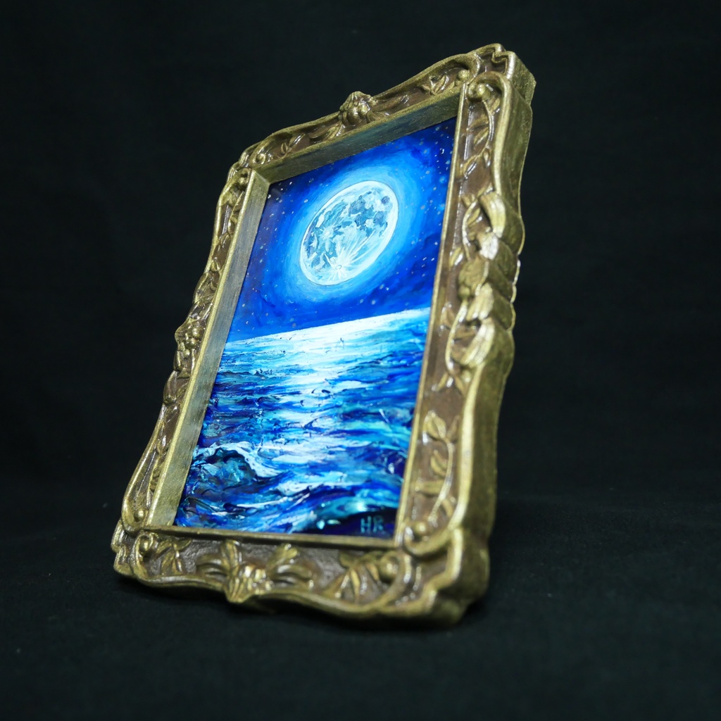 油絵 原画『海を照らす蒼き満月』ミニ絵画 | 月 夜空 風景画 インテリア アート