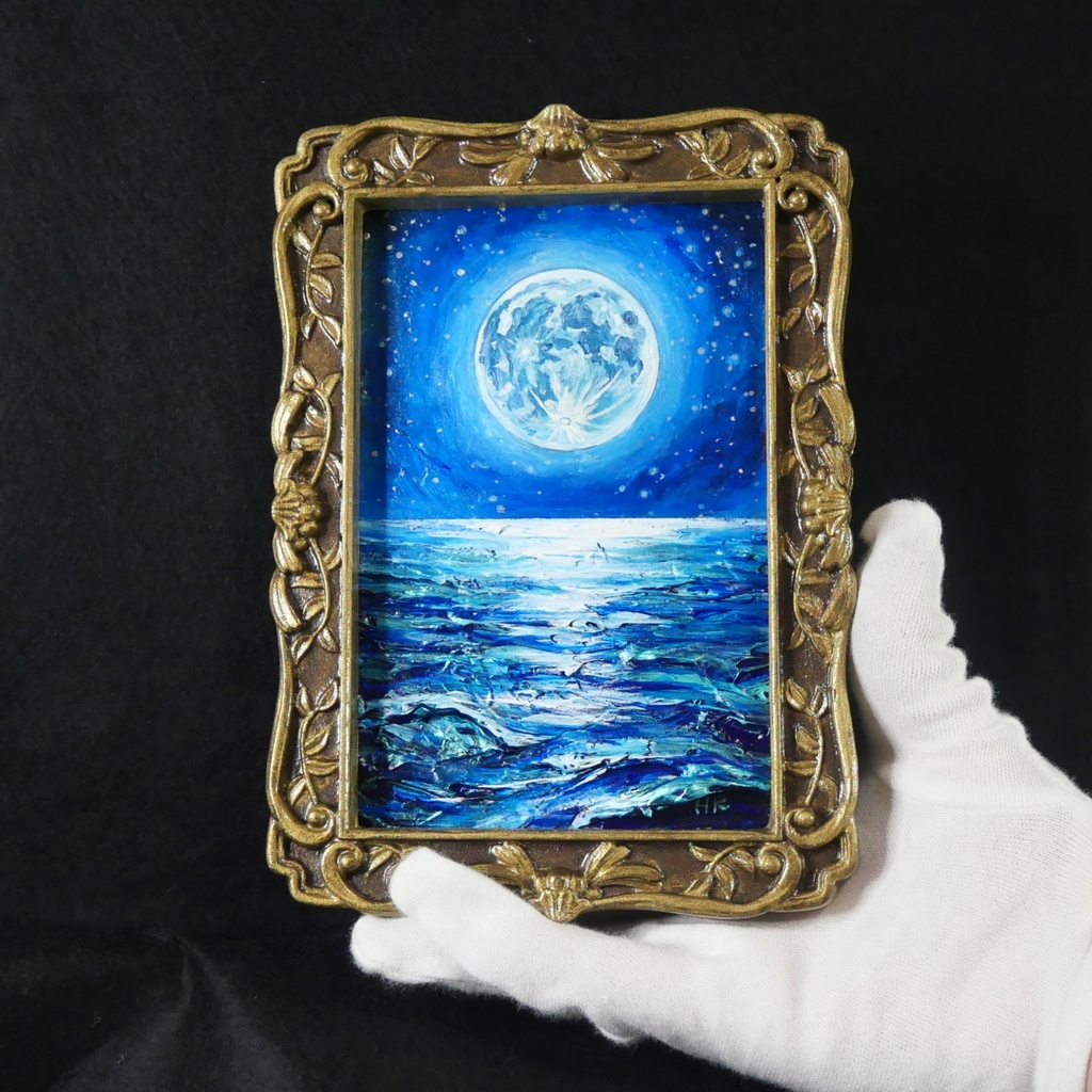 油絵 原画『海を照らす蒼き満月』ミニ絵画 | 月 夜空 風景画 インテリア アート