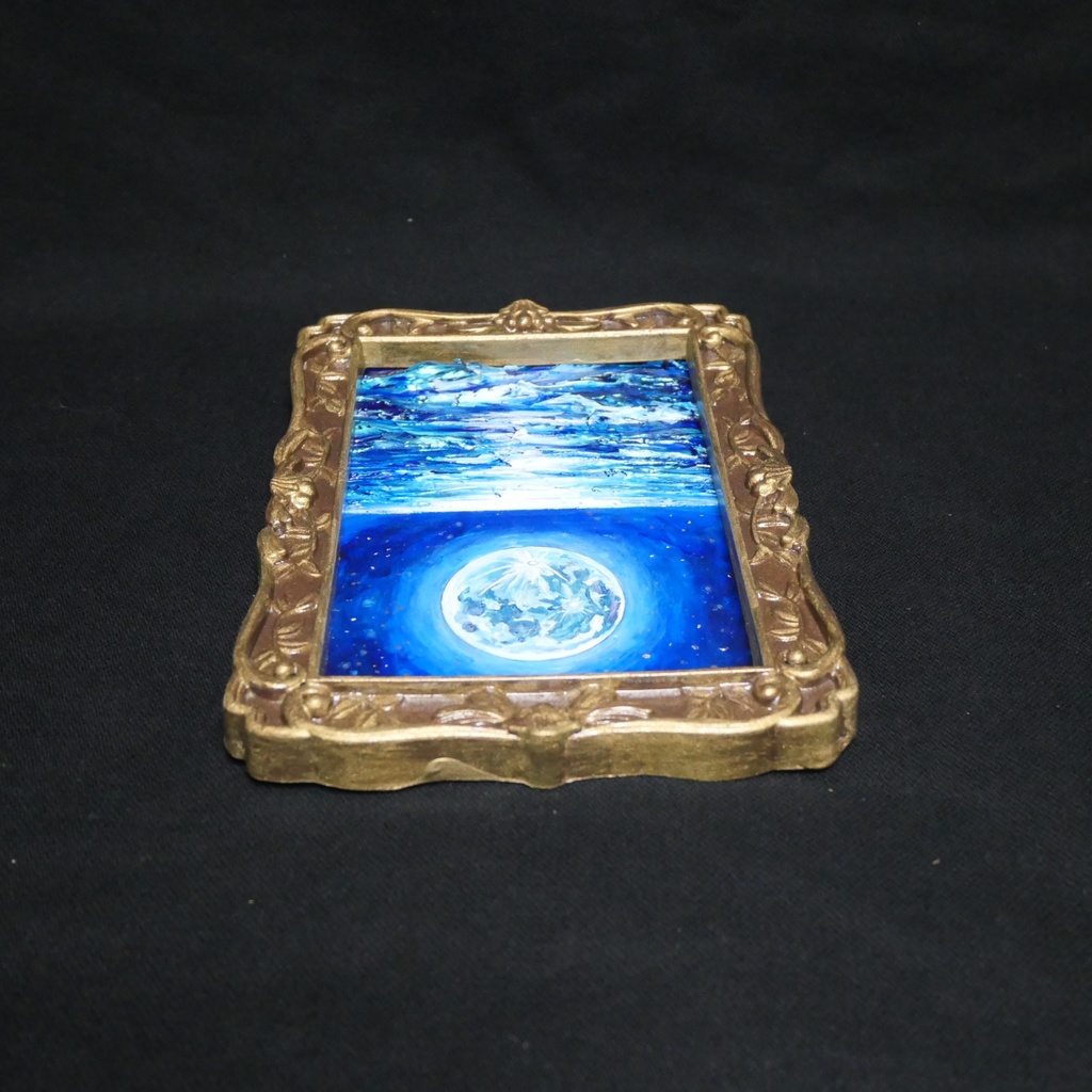 油絵 原画『海を照らす蒼き満月』ミニ絵画 | 月 夜空 風景画 インテリア アート