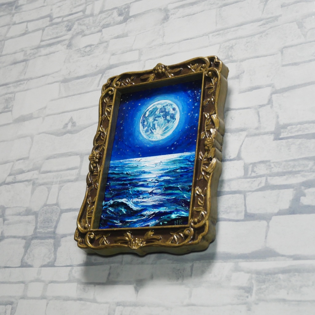 油絵 原画『海を照らす蒼き満月』ミニ絵画 | 月 夜空 風景画 インテリア アート