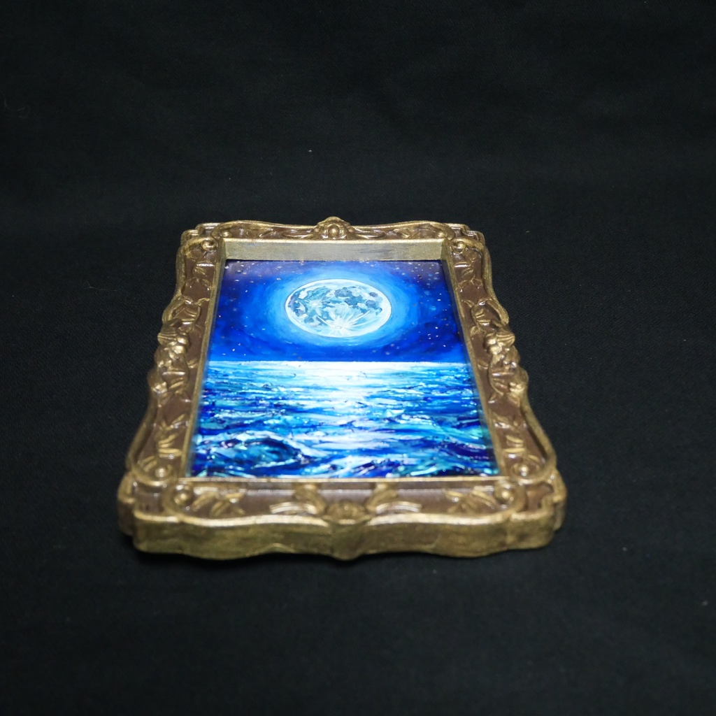 油絵 原画『海を照らす蒼き満月』ミニ絵画 | 月 夜空 風景画 インテリア アート