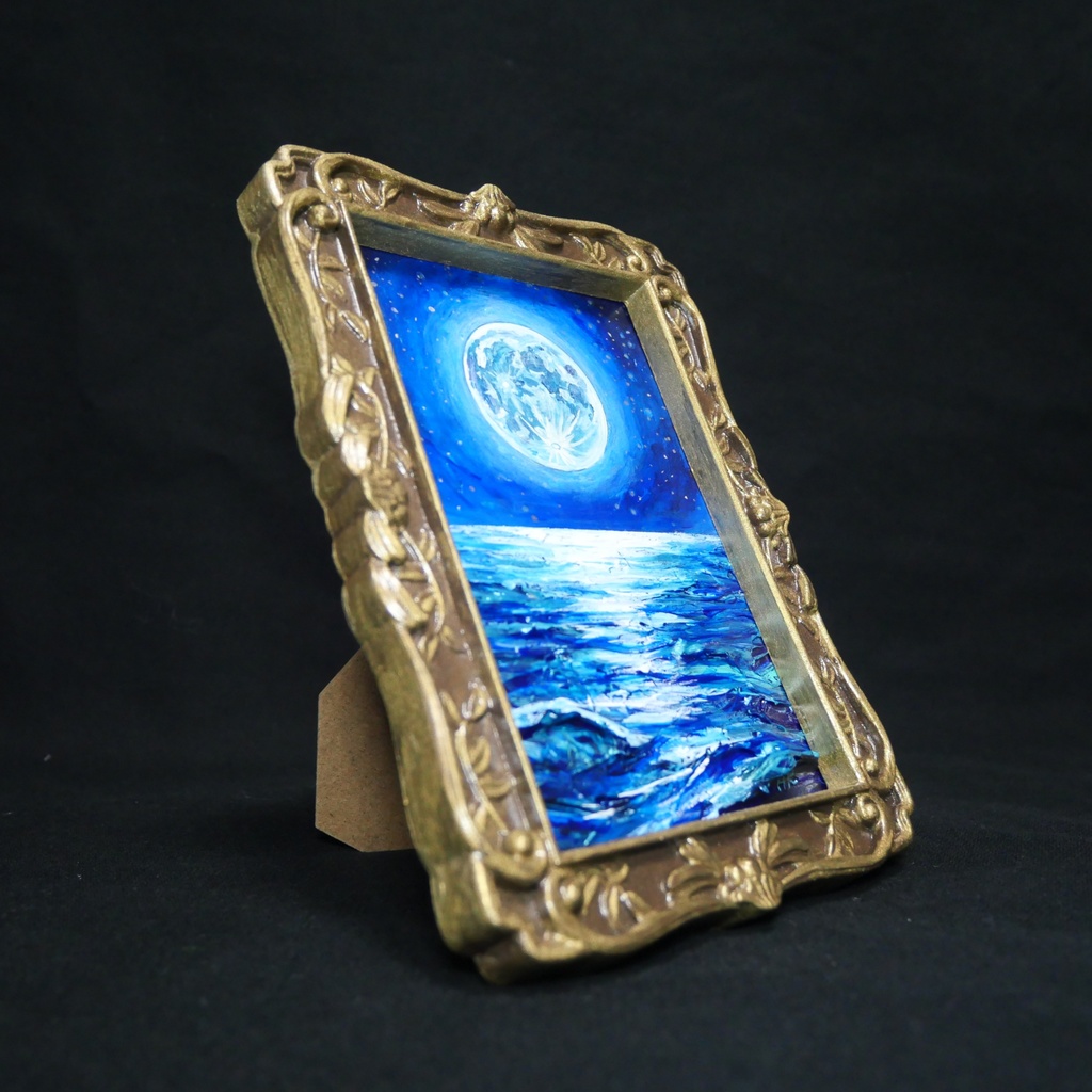 油絵 原画『海を照らす蒼き満月』ミニ絵画 | 月 夜空 風景画 インテリア アート