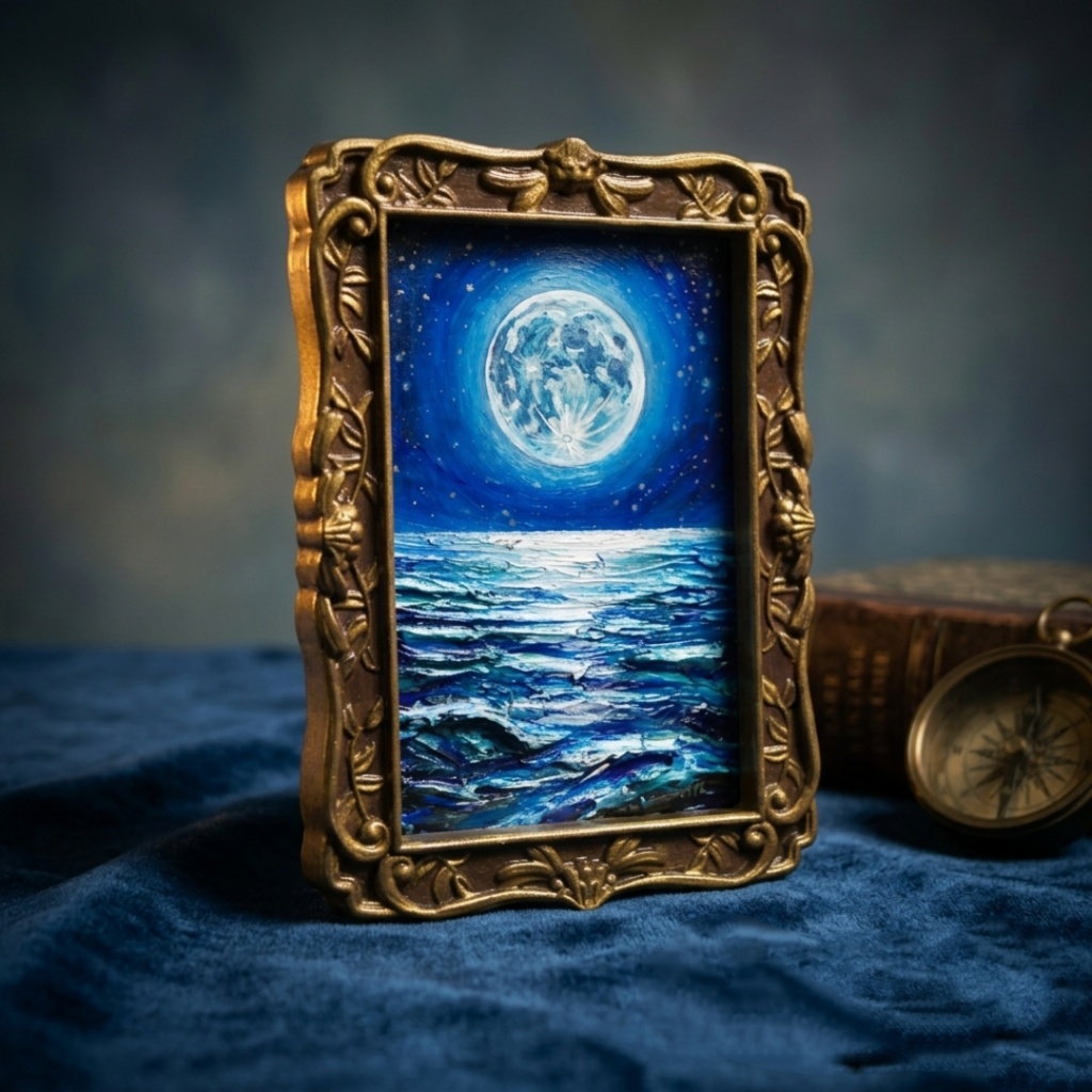 油絵 原画『海を照らす蒼き満月』ミニ絵画 | 月 夜空 風景画 インテリア アート
