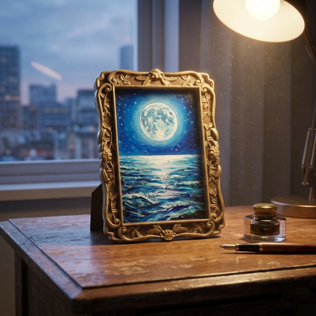 油絵 原画『海を照らす蒼き満月』ミニ絵画 | 月 夜空 風景画 インテリア アート