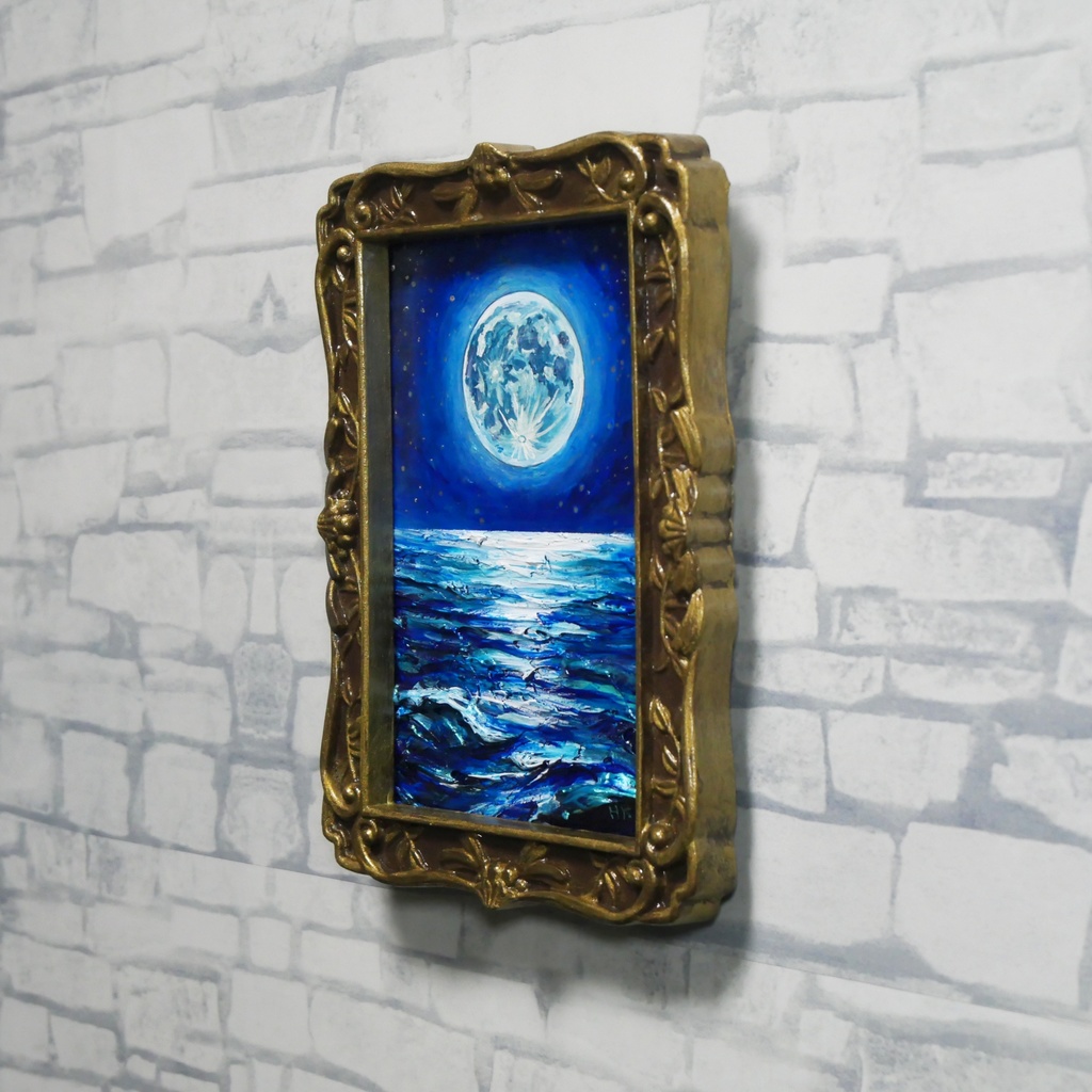油絵 原画『海を照らす蒼き満月』ミニ絵画 | 月 夜空 風景画 インテリア アート