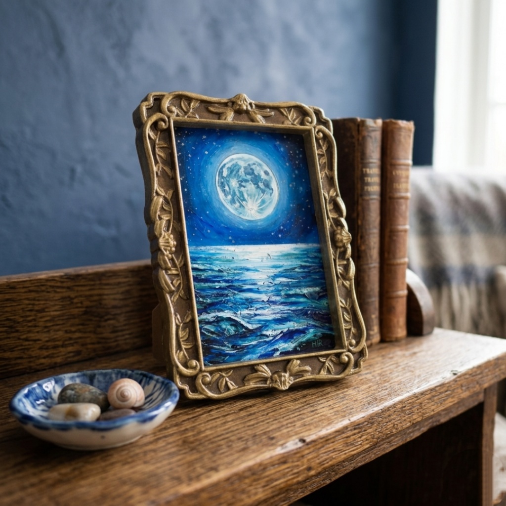 油絵 原画『海を照らす蒼き満月』ミニ絵画 | 月 夜空 風景画 インテリア アート