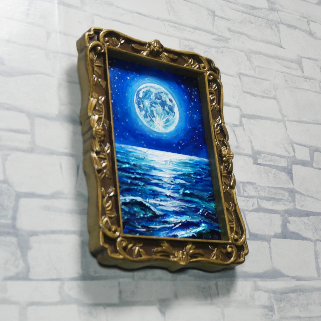 油絵 原画『海を照らす蒼き満月』ミニ絵画 | 月 夜空 風景画 インテリア アート