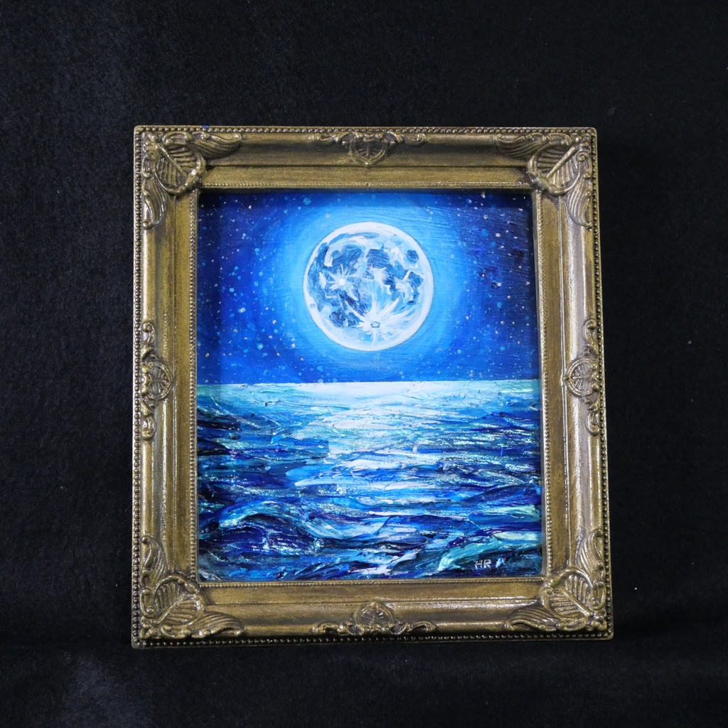 【蒼の深淵に眠る光】デスクに飾る小さな油絵 / 青い海の幻想風景 ミニ色紙 額縁付き